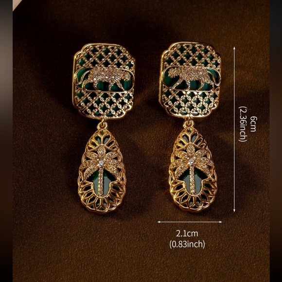 Statement Panther & Palm Drop Earrings – Gold/Green - Picture 3 of 10